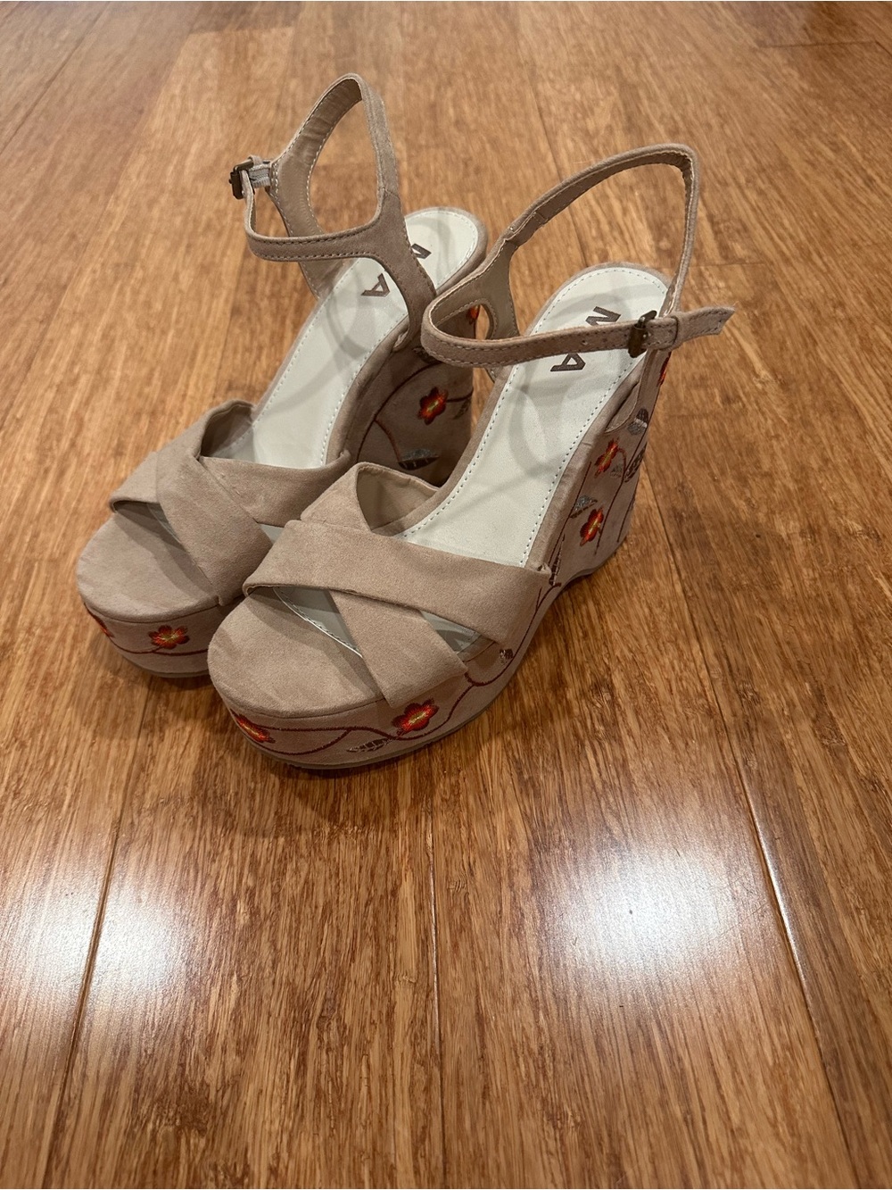 MIA Wedge Sandals with Floral Embroidered Platform - Taupe